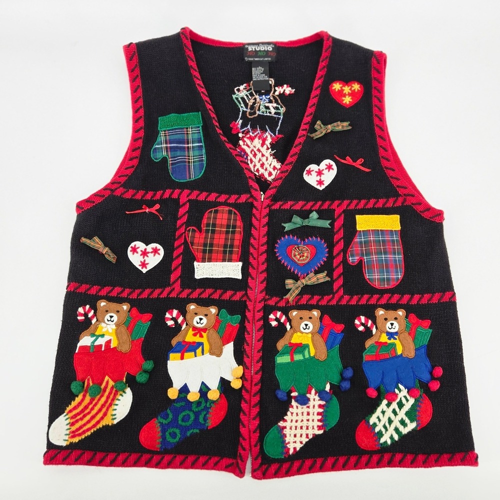 Designers Originals Studio Ho Ho Ho Christmas Teddy Bear Sweater Vest L Vintage